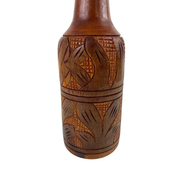 Handcrafted Carved Wooden 3 Piece Bottle Holder Lid Cup - Picture 5 of 16